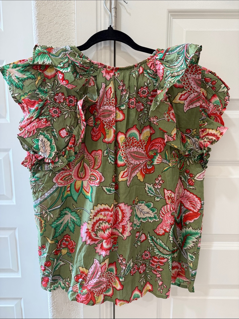 THML Olive Green Floral Ruffle-Sleeveless Top with Tassel Tie - Picture 4 of 4
